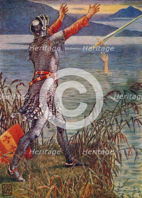 'Sir Bedivere casts the sword Excalibur into the Lake', 1911.  Artist: Walter Crane.