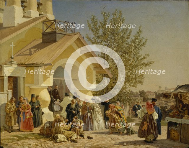 Coming out of a Church in Pskov, 1864. Artist: Morozov, Alexander Ivanovich (1835-1904)