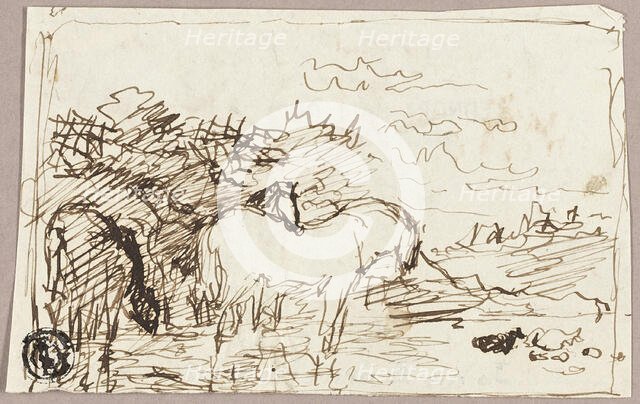 Sketch of Horses Standing in Water, c.1847. Creator: John Burnet.