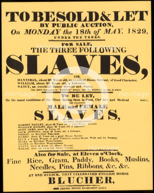 A bill advertising a West Indian slave auction in 1829, (1965). Artist: Unknown