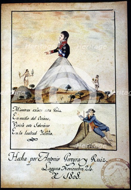 Patriotic drawing with allusions of loyalty to King Fernando VII, 1808. Creator: Pereira, Antonio.