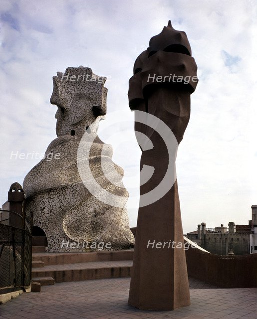 View of one of the chimneys crowning La Pedrera or Mila House, by Antoni Gaudí i Cornet (1852 - 1…