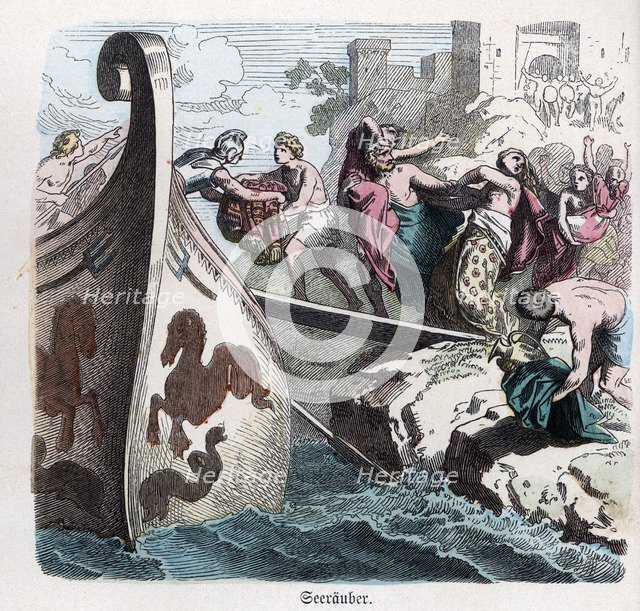 Ancient History. Greece. Sacking of a town by Greek pirates. German engraving, 1865.
