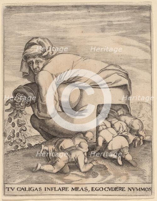 The Man with the Moneybag and His Flatterers. Creator: Johann Theodor de Bry.