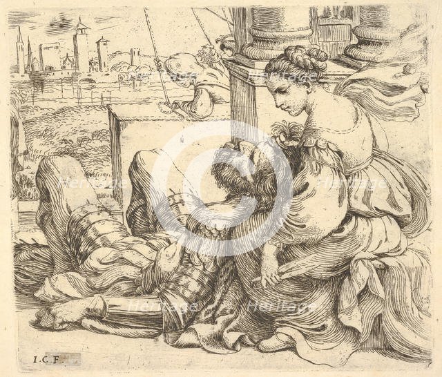 Delilah holding Samson's hair and a pair of scissors, 1620-30. Creator: Giuseppe Caletti.