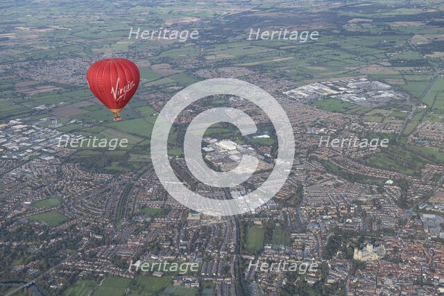 A hot air balloon in flight over York, 2023. Creator: Robyn Andrews.