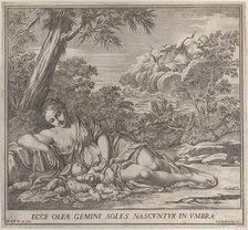 Latona and her sleeping twins, Apollo and Diana, within a landscape, 1705. Creator: Francesco Antonio Meloni.