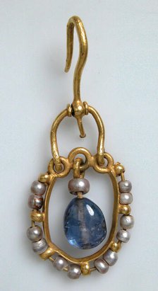 Gold Earring with Pearls and Sapphires, Byzantine, 6th-7th century. Creator: Unknown.