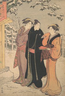 Man in a Black Haori (Coat) and Two Women Approaching a Temple. Creator: Torii Kiyonaga.