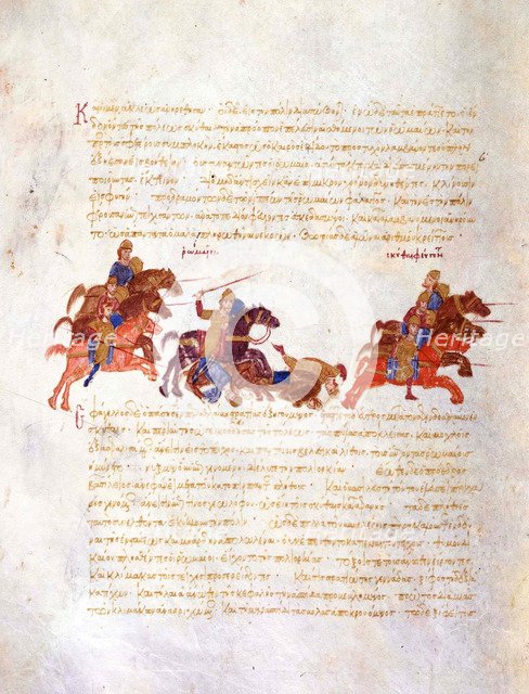 Pursuit of Sviatoslav's warriors by the Byzantine army (Miniature from the Madrid Skylitzes), 11th-1 Artist: Anonymous  