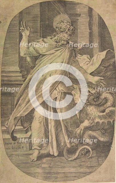St Paul overcoming the viper, within an architectural setting, an oval composition, ca. 1540-70. Creator: Giulio Bonasone.