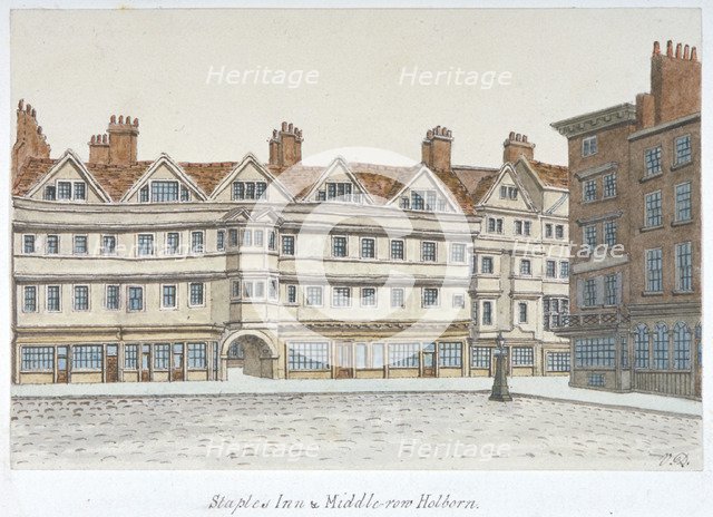 View of Staple Inn and the buildings of Middle Row in the centre of Holborn, London, 1850.           Artist: Valentine Davis