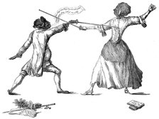 'Mlle la Chevaliere d'Eon de Beaumont fencing at Carlton House, 9th April 1787.' Artist: Unknown