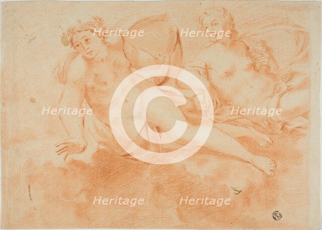 Two Cloud-Borne Nude Female Figures (recto); Fragment of Reclining Figure (verso), n.d. Creator: Carlo Cignani.