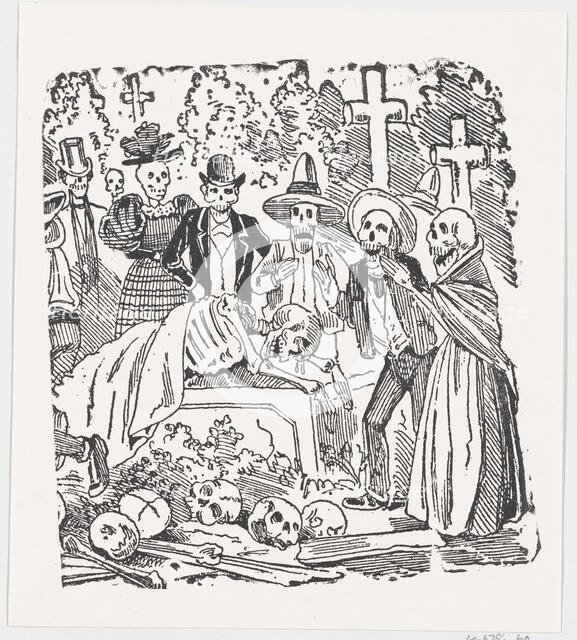 A skeleton covered with a sheet crying in a cemetery, from a broadside entitled '..., ca. 1880-1910. Creator: José Guadalupe Posada.