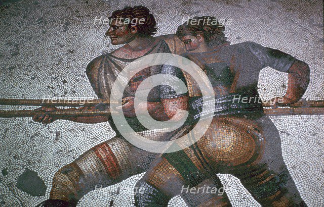 Detail of a floor mosaic in the Great Palace in Istanbul showing hunters, 6th century. Artist: Unknown