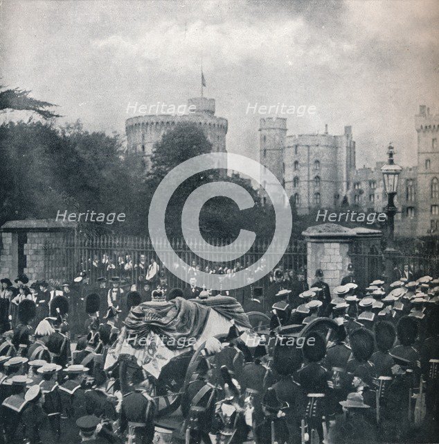 King Edward VII's hearse being drawn into the grounds of Windsor Castle, 1910 (1911). Creator: Horace Walter Nicholls.