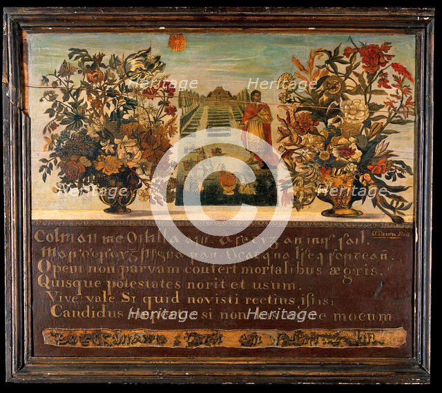 Vases of flowers and a botanic garden with Saint Peter. Creator: Thomas O'Brien.