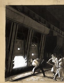 Foundry scene (men stoking smelting furnace), between 1939 and 1946. Creators: Unknown, Central Office of Information.