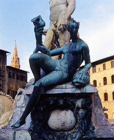 Fountain of Neptune in the Piazza della Signoria in Florence, detail of bronze figures surroundin…