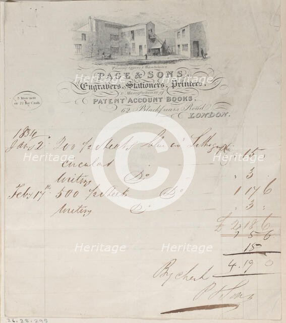 Trade Card for Page & Sons, Engravers, Stationers & Printers, 19th century. Creator: Anon.