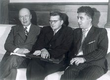 Sergei Prokofiev, Dmitri Shostakovich and Aram Khachaturian, Russian composers, 1945. Artist: Unknown