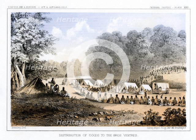 Distribution of goods to the Gros Ventres 26 August 1853 (1856).Artist: John Mix Stanley