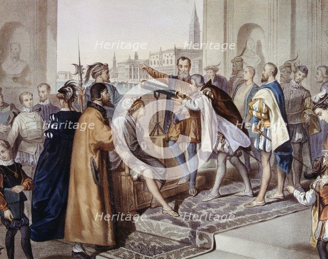 Galileo Galilei (1564 - 1642), Italian astronomer and physicist showing his invention of the tele…