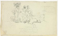 Figures with Market Goods and Three Sketches, n.d. Creator: William Henry Pyne.