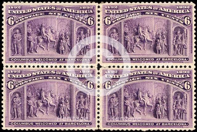 6c Columbus Welcomed at Barcelona block of four, 1893. Creator: Unknown.