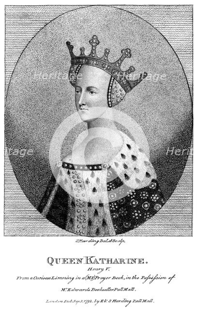 Catherine of Valois (1401-1437), queen consort of King Henry V, 1792.Artist: Harding