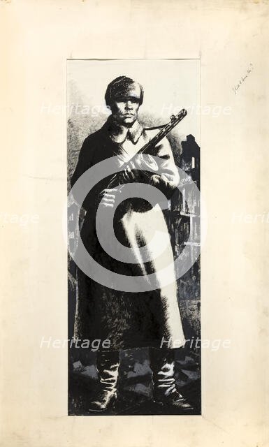 Russian infantryman, standing amidst ruins of town, between 1939 and 1946. Creators: Central Office of Information, Unknown.