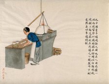 A cake seller preparing cakes to cook in a wood fired oven, 1890. Creator: Pei Qun Zhou.
