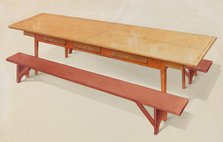 Shaker Refectory Table with Benches, c. 1936. Creator: Alfred H. Smith.