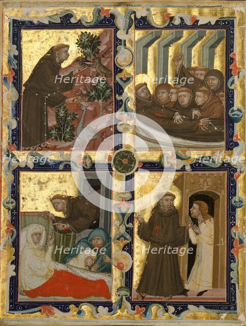 Manuscript Leaf with Scenes from the Life of Saint Francis of Assisi, Italian, ca. 1320-42. Creator: Unknown.