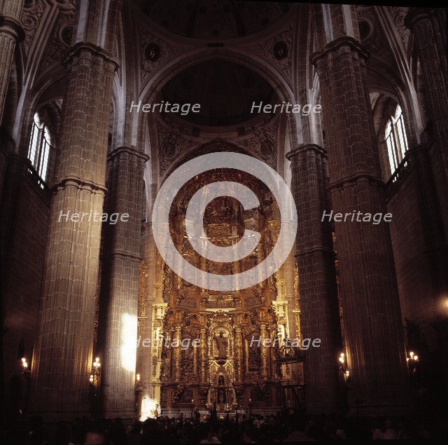 Interior of the church of Santiago, in the background the main altarpiece made in 1703 by Tomas d…