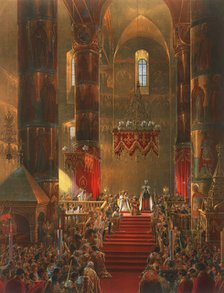 The Metropolitan genuflects at the coronation ceremony of Tsar Alexander II, Moscow, 1856.  Artist: Georg Wilhelm Timm