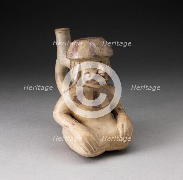 Handle Spout Vessel in the Form of Seated Man with Tatooed or Painted Face, 100 B.C./A.D. 500. Creator: Unknown.