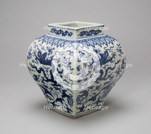 Square-Sided Jar with Dragons, Phoenixes, Cranes, and..., Ming dynasty, Wanli reign (1573-1620). Creator: Unknown.