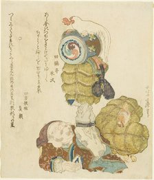Daikoku balancing rice bales, mallet, and rooster on his feet, Japan, 1825. Creator: Hokusai.