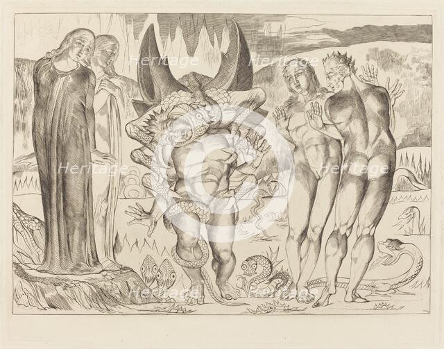 The Circle of the Thieves; Agnolo Brunelleschi Attacked by a Six-Footed Serpent, 1827. Creator: William Blake.