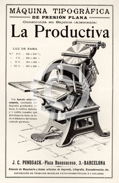 Advertising of the typography machine 'La Productiva'. Barcelona, 1900.