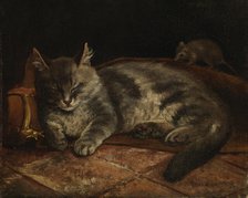 Sleeping Grey Cat and a Rat, 1864. Creator: Adolf von Becker.