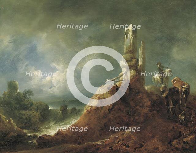 Landscape with ruins and riders in the moonlight, 1771. Creator: Johann Christian Brand.