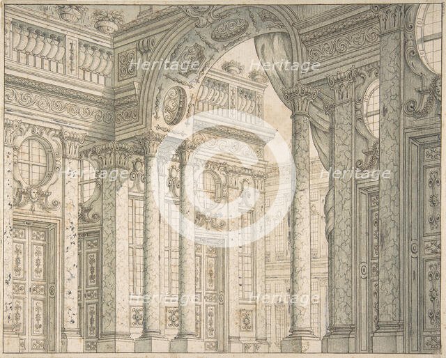 Design of a Perspective for a Stage Set with Courtyard and Triumphal Arch., ca. 1675-1743. Creator: Ferdinando Galli Bibiena.