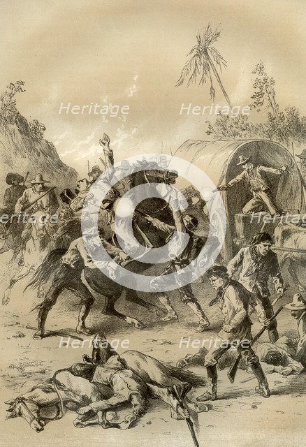 Gold escort attacked by bushrangers, Australia, 1879. Artist: McFarlane and Erskine