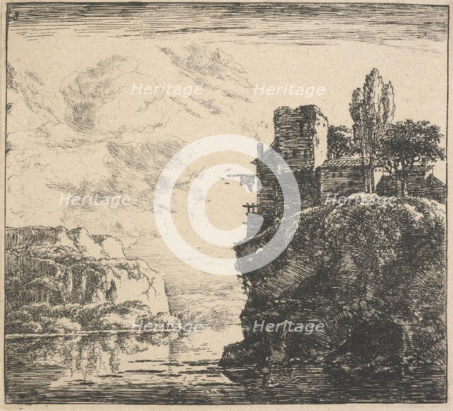 Eight landscapes. Plate 8: A house on a cliff overlooking a lake, 1640-51. Creator: Herman Naiwincx.