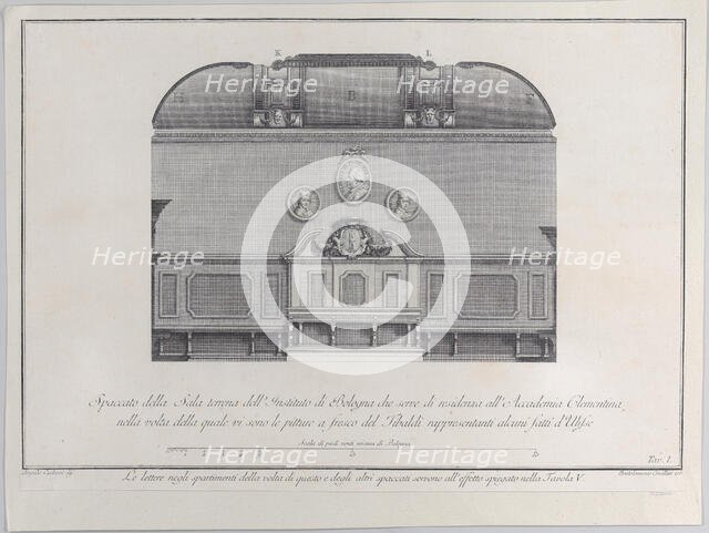 Plate 1: cross-section of the Hall of the Institute of Bologna, which served as the reside..., 1756. Creator: Bartolomeo Crivellari.