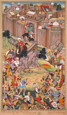 The siege of Arbela in the era of Hulagu Khan, from a Chingiz-nama..., c. 1596. Creator: Basavana (Indian, active c. 1560-1600); Sur Das Gujarati (Indian, active 16th century).