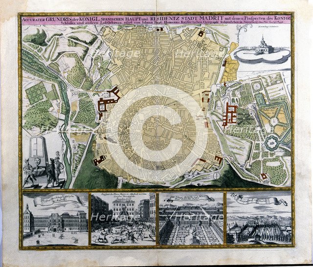 Colored plan of Madrid, hand engraving. Austria, c. 1710, by C. Lotter.
